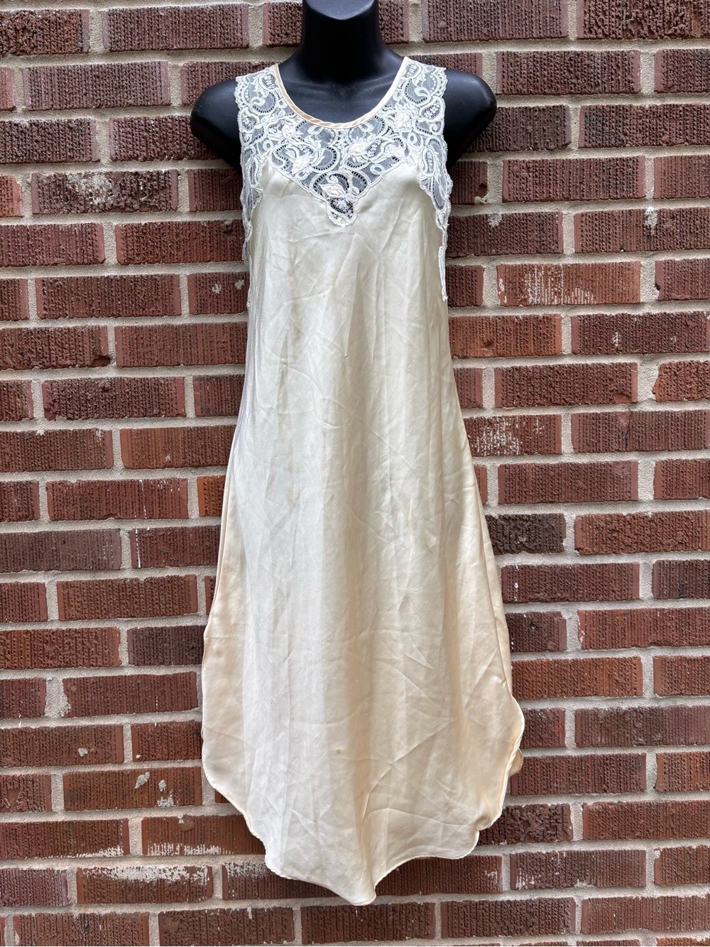 Vintage Osie Women's Sz PS Rose Lace Golden Cross-Back Midi Satin slip Dress